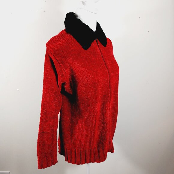 Kelly Scott, Red Zip Front Cardigan W/ Black Faux Fur Collar Size Medium Festive - Picture 5 of 16